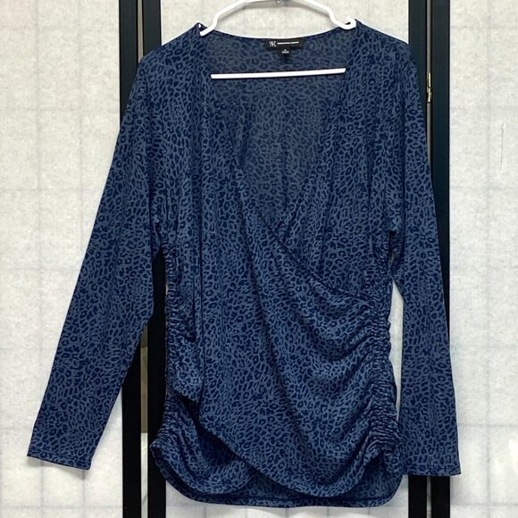 INC International Concepts Tops - INC Burnout V Neck Faux Wrap Shirred Side Blouse Blue Leopard 1X Long Sleeve